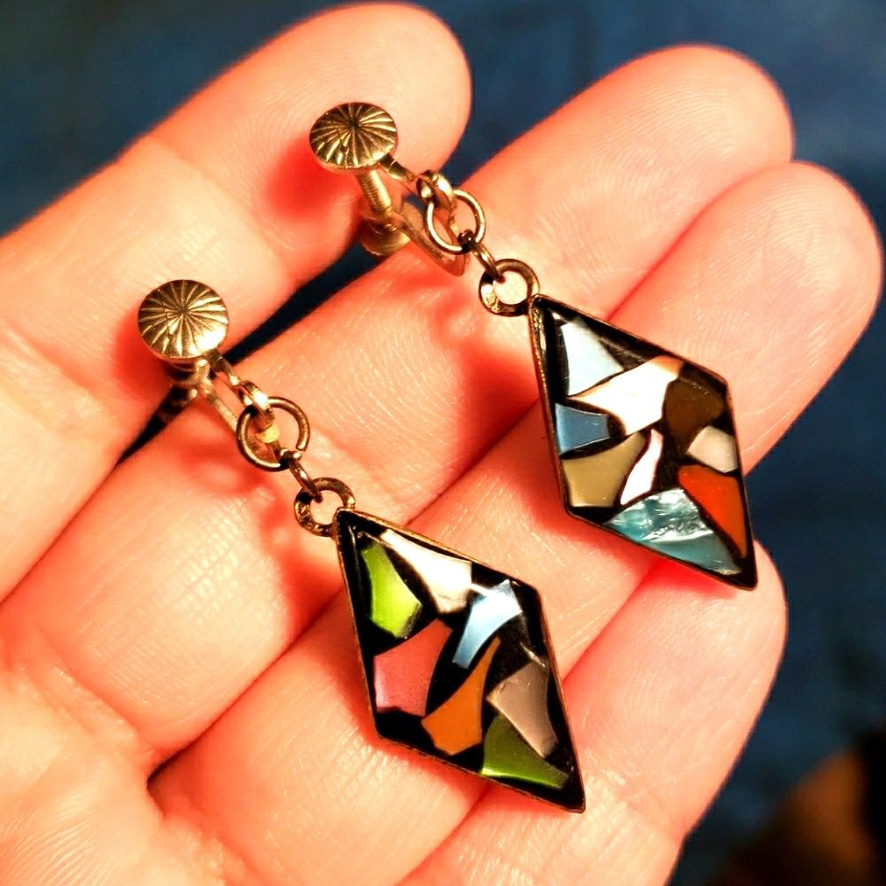 Vtg Silver 925 Inlaid Shell Mosaic Dangle Earrings